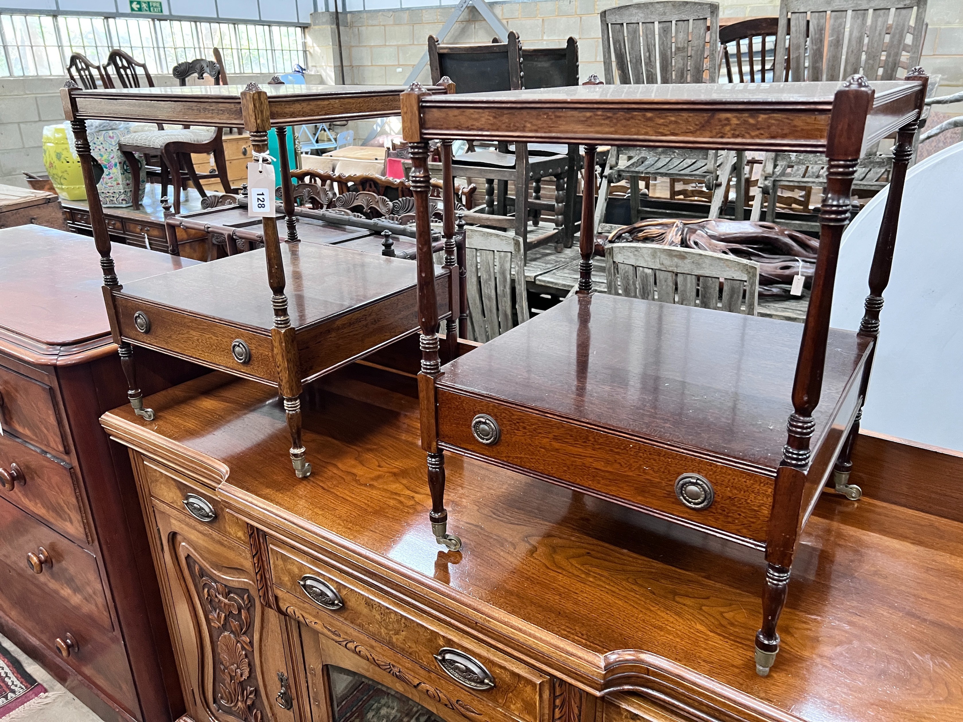 A pair of reproduction mahogany two tier tables, width 46cm, depth 46cm, height 60cm *Please note the sale commences at 9am.